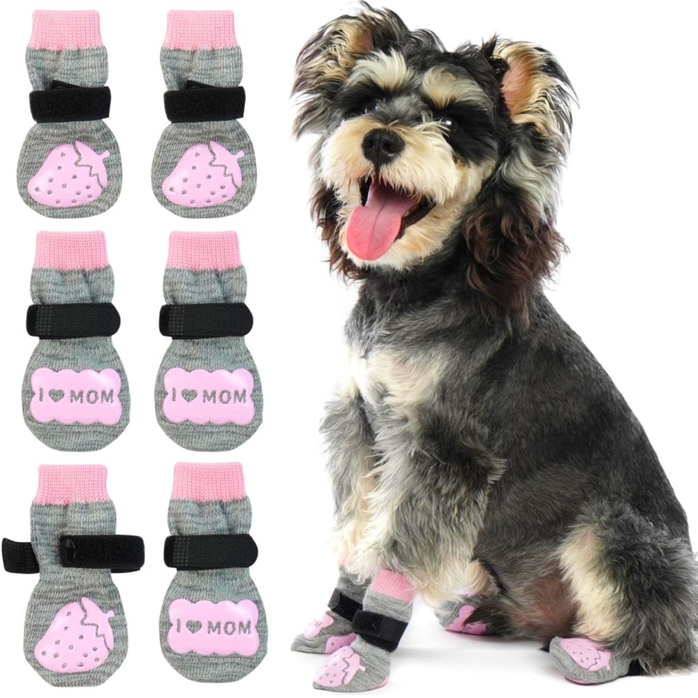 Small Anti-Slip Dog Socks “I ❤️ Mom” Pink Gray Multi Purpose Grip Socks Puppy Sr